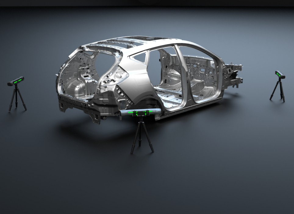 Sistem de urmărire 6DoF multi-țintă pentru măsurarea alinierii caroseriei auto și a preciziei dimensionale în timpul inspecției de producție.