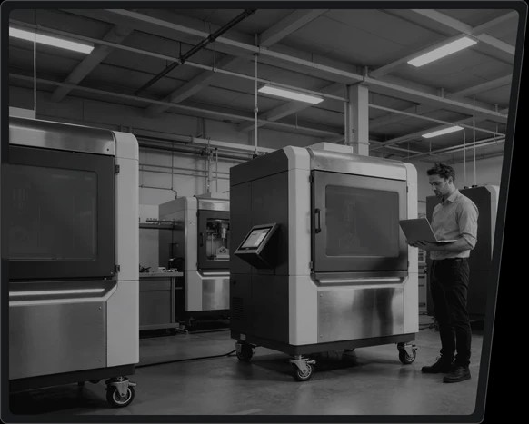Large industrial 3D printing equipment with operator in production facility