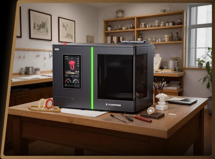 Compact Flashforge WJ51C wax 3D printer in a jewelry workshop